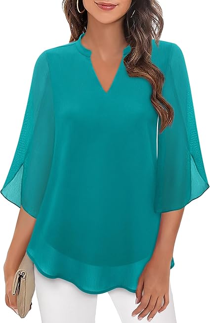 Women’s Split-Neck Blouse with Sheer Flutter Sleeves – Relaxed Layered Design for Work and Evening Styling
