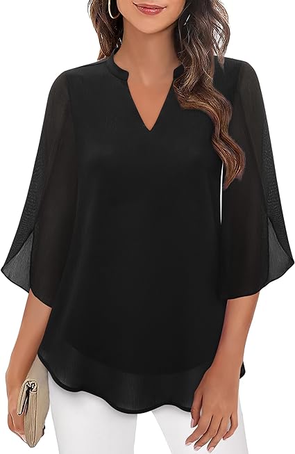 Women’s Split-Neck Blouse with Sheer Flutter Sleeves – Relaxed Layered Design for Work and Evening Styling