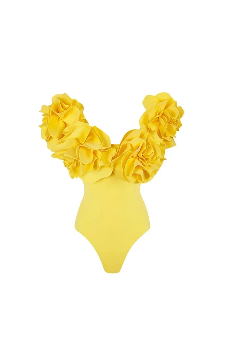 3D Flower Strapless Solid One-Piece Swimwear