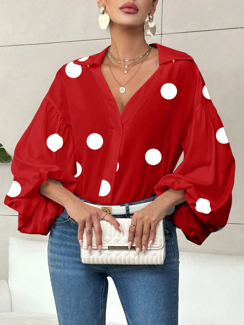 Women's Elegant Printed V Neck Blouse with Balloon Sleeves – Relaxed Lightweight Style for Office and Smart Casual Wear