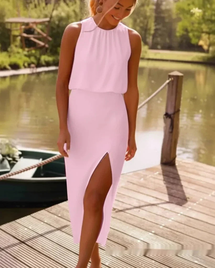 Women's Midi Dress – High Neck, Side Slit & Lightweight Summer Style