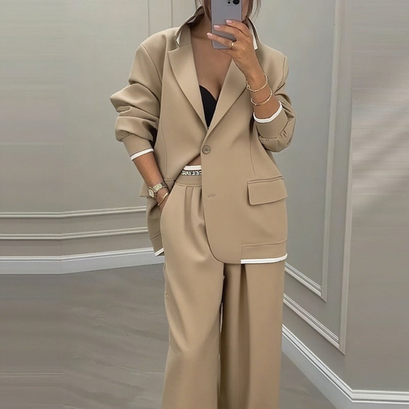 Women’s Elegant Tailored Blazer and Wide Leg Trouser Suit – Relaxed Fit Two-Piece Formal Outfit for Office and Smart Casual Wear