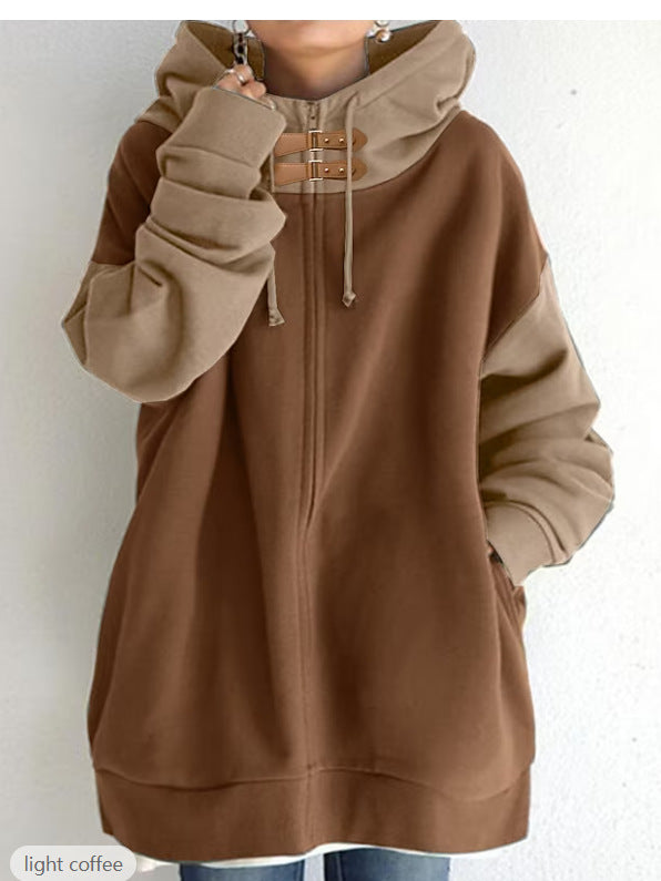 Women's Oversized Zip-Up Hoodie with Contrast Sleeves – Relaxed Long Sleeve Hooded Sweatshirt with Decorative Neck Fastenings and Ribbed Cuffs for Autumn and Winter
