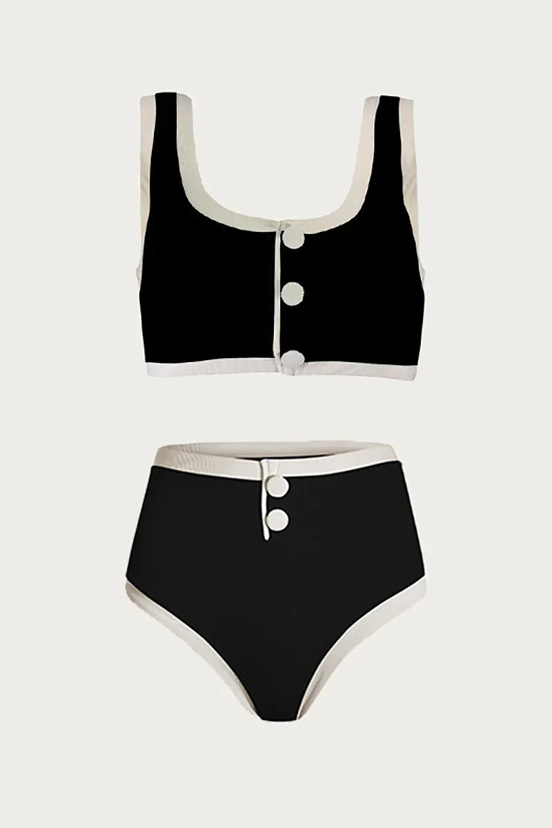 Refined Contrast Button Detail Two-Piece Swimsuit