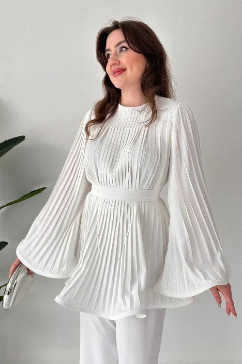 Women's Pleated Long-Sleeve Tunic and Wide-Leg Trousers Set with Tie Waist – Elegant Two-Piece Outfit for Smart Casual Occasions