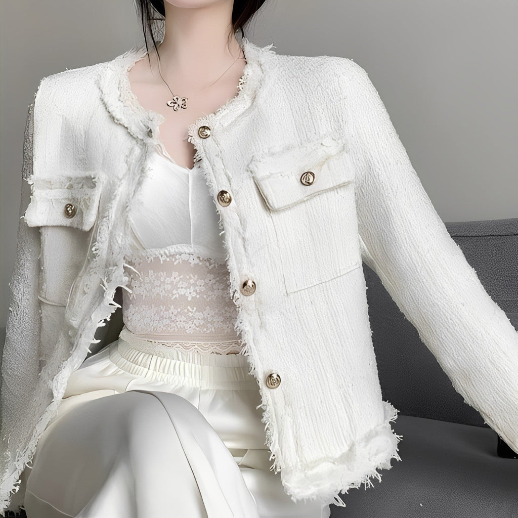Women’s Cropped Bouclé Tweed Jacket with Gold Tone Buttons and Frayed Edges – Elegant Collarless Tailored Outerwear for Smart Casual Occasions