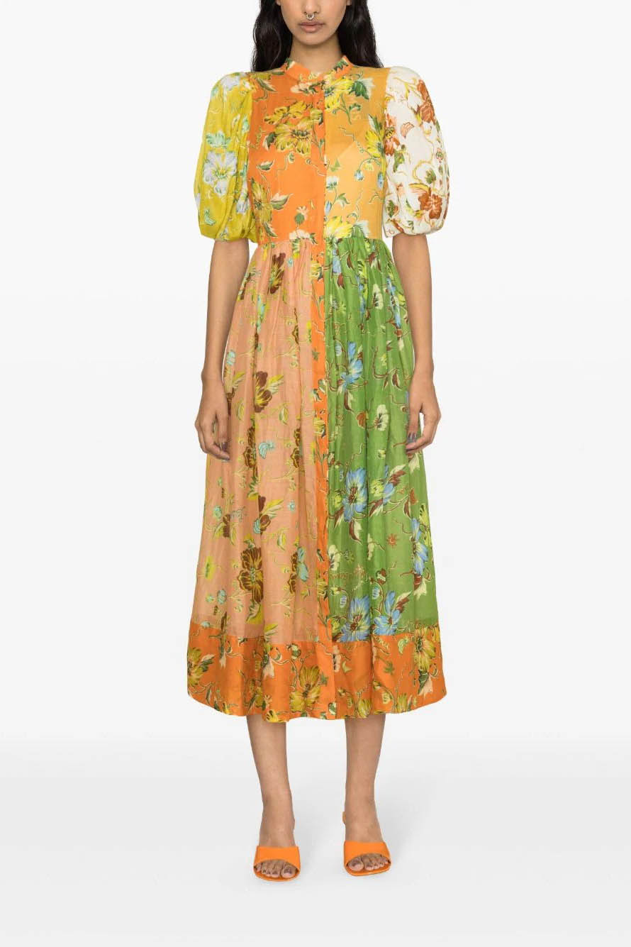 Flower Interlude Puff Sleeve Midi-Length Dress