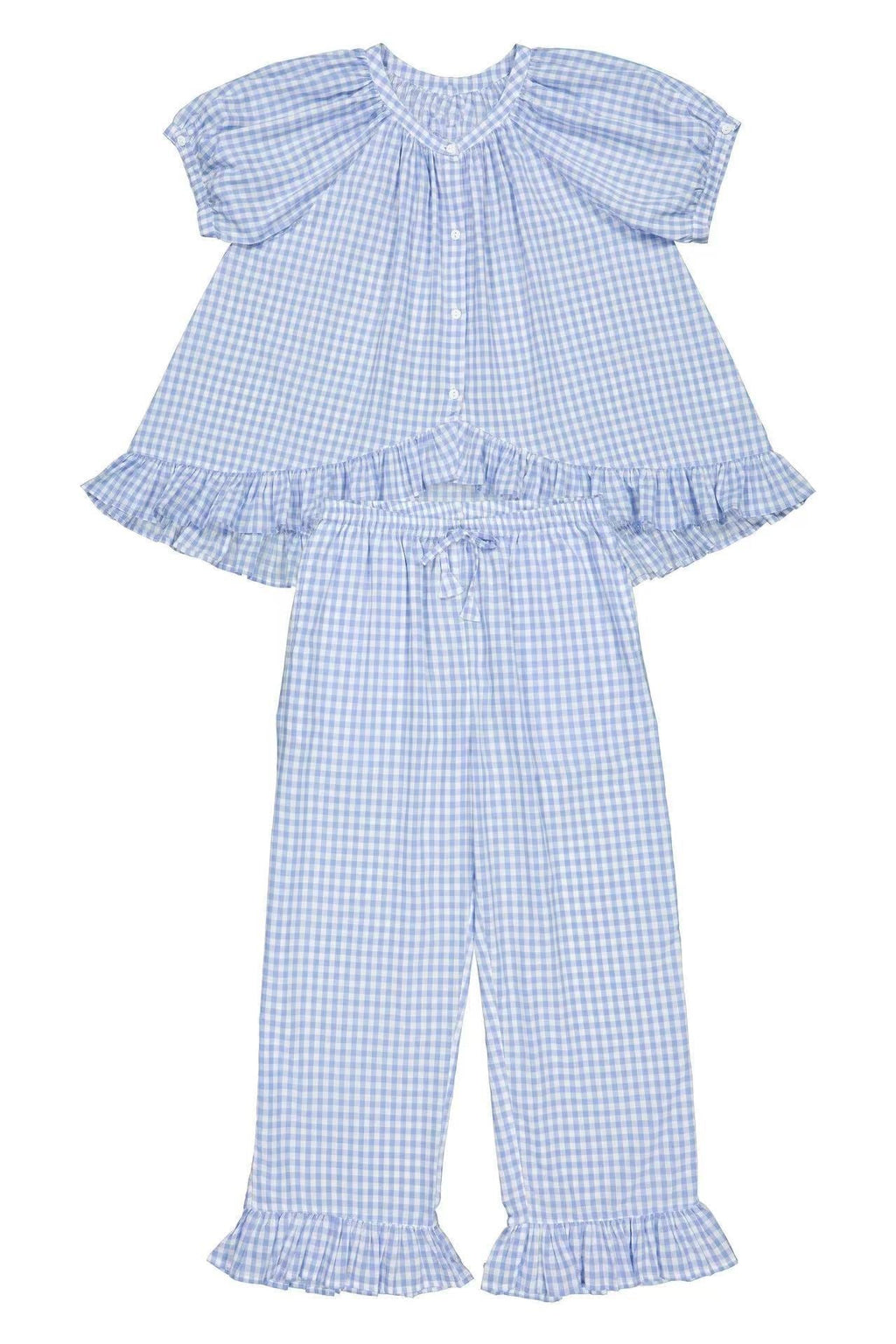 Relaxed Ruffled Plaid Print Shirt Pajama Set