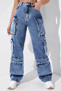 High-Waisted Denim Cargo Pants
