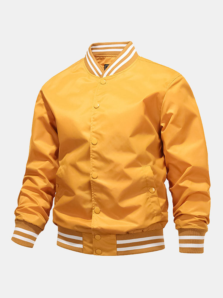 Men's Classic Baseball Bomber Jacket – Snap-Button Varsity Style Outerwear with Striped Ribbed Trims for Casual Spring and Autumn Wear