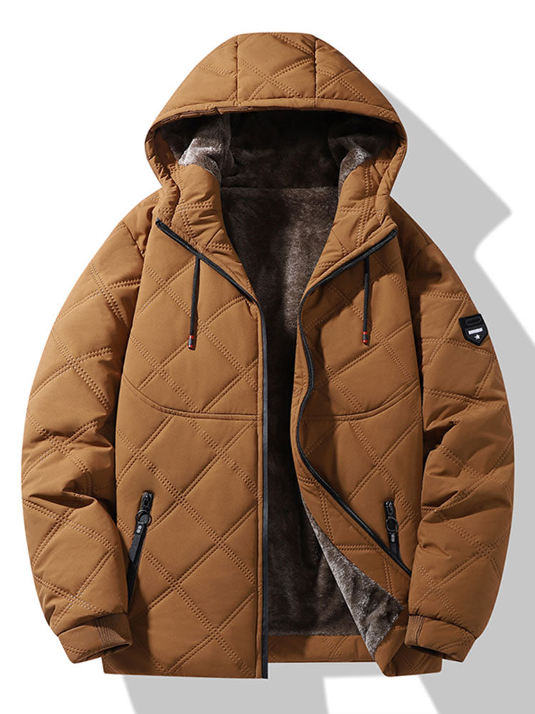 Men's Faux Fur-Lined Quilted Winter Jacket – Warm Hooded Zip-Up Coat with Pockets for Cold Weather and Outdoor Wear