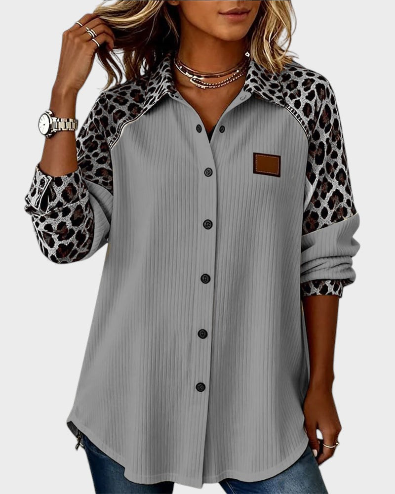 Women's Casual Ribbed Button-Up Shirt with Printed Sleeves and Collar – Relaxed Long Sleeve Top for Autumn and Everyday Wear