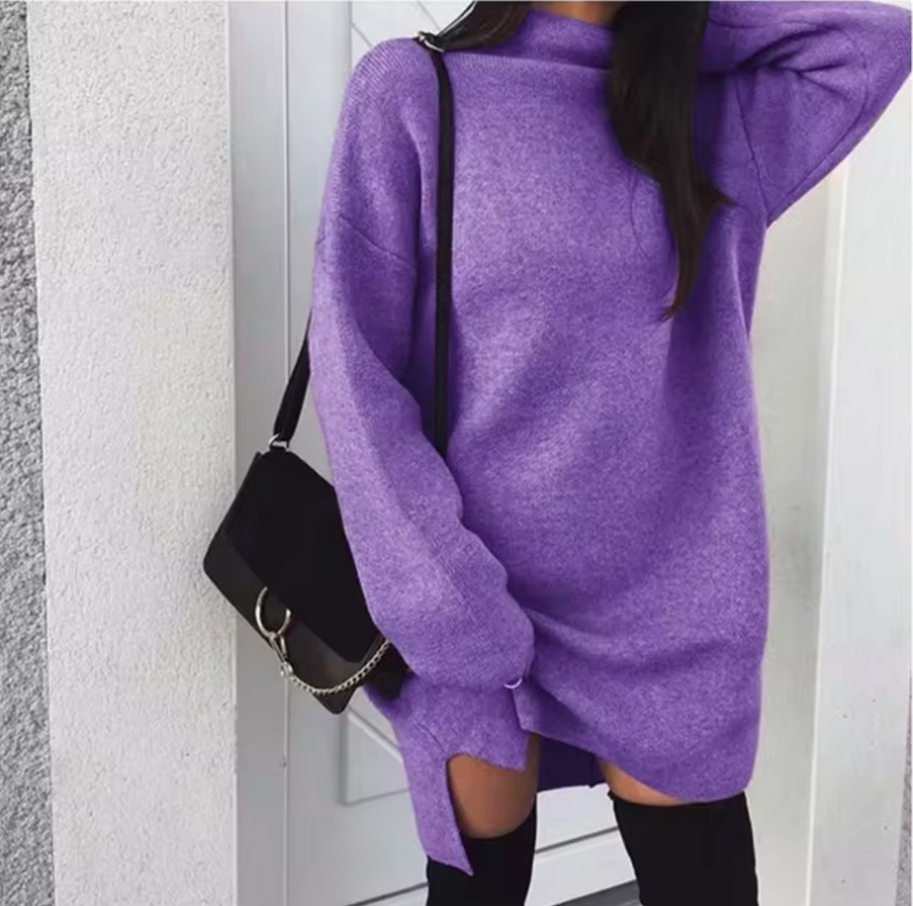 Women's Wool and Cashmere Blend Oversized Sweater Dress – Soft Long Sleeve High Neck Knitted Mini Dress for Autumn and Winter