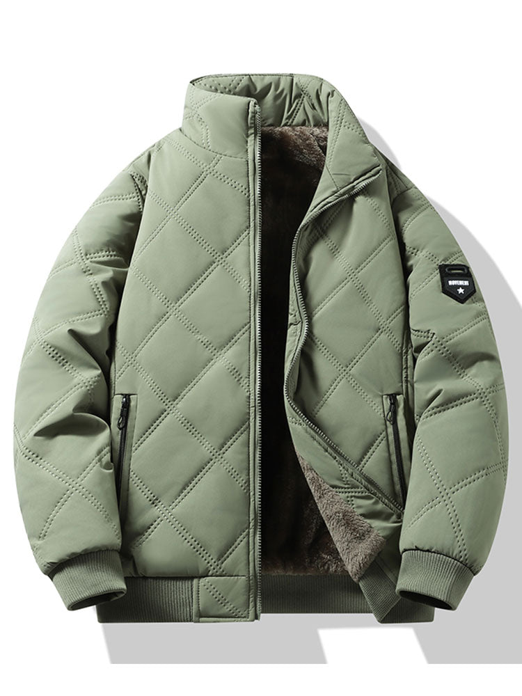 Men's Faux Fur-Lined Quilted Winter Jacket – Padded Stand Collar Zip-Up Coat with Warm Insulation and Zipped Pockets
