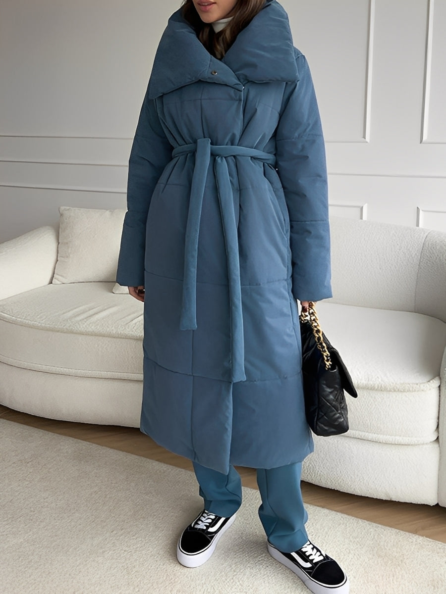 Women’s Longline Quilted Puffer Winter Coat with Oversized Shawl Collar – Warm Relaxed Padded Outerwear for Cold Weather