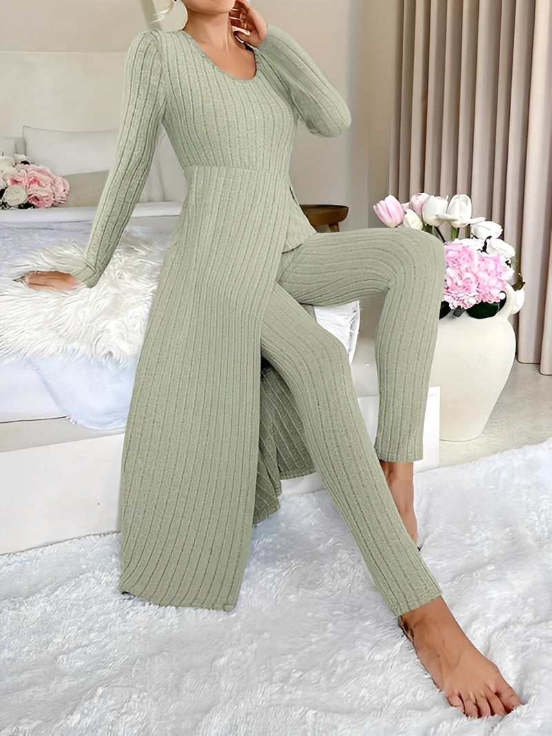 Women's Ribbed Knit Longline Tunic and Trousers Set – Elegant Fitted Two-Piece Outfit for Autumn and Winter