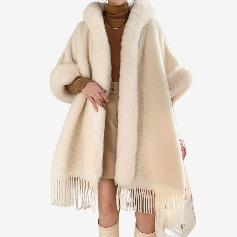 Women’s Open Front Cape Coat with Plush Faux Fur Trim and Fringed Hem – Elegant Relaxed Winter Outerwear