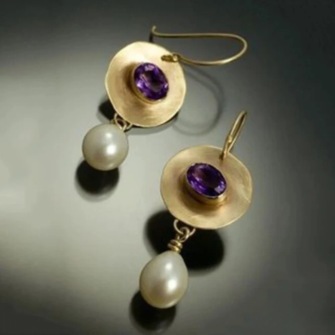 Gold Purple Zirconia and Pearl Earrings - Exclusive Collection