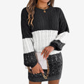 Women's Textured Cable Knit Mini Dress – Relaxed Long Sleeve Crew Neck Sweater Dress for Autumn and Winter
