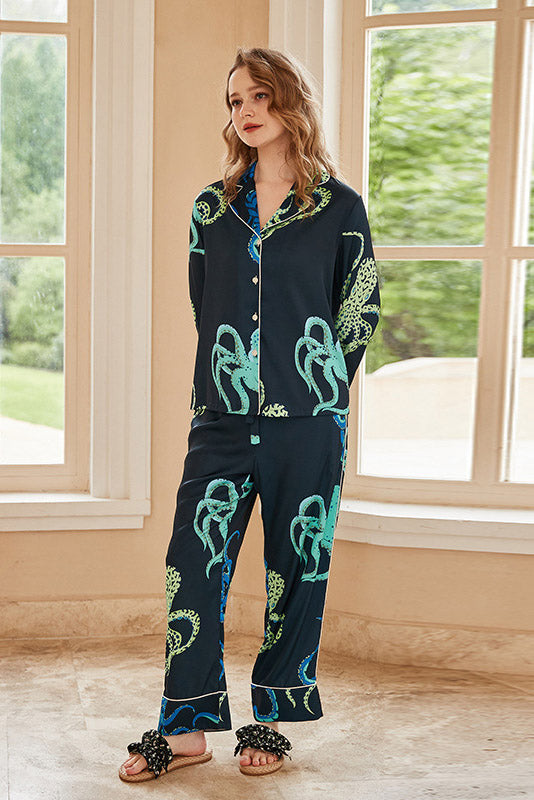 Coordinated Octopus Print Long-Sleeve Pajama Loungewear Set