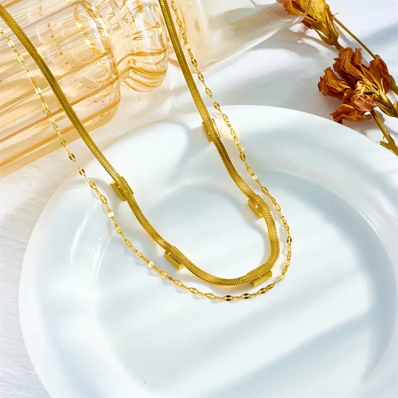 Gold-Plated Double Necklace with Green Rectangles - Narelle