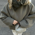 Women’s Cropped Hooded Zip-Up Jacket with Padded Collar – Relaxed Lightweight Casual Outerwear for Autumn and Winter