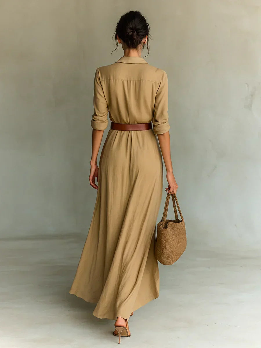 Ladies Lapel Long Sleeve Shirt Belted Maxi-Length Dress