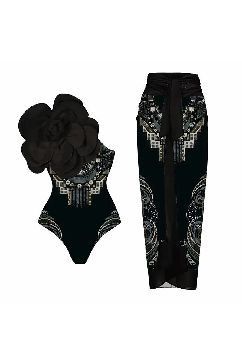 Flower Print One-Piece With 3D Black Flower