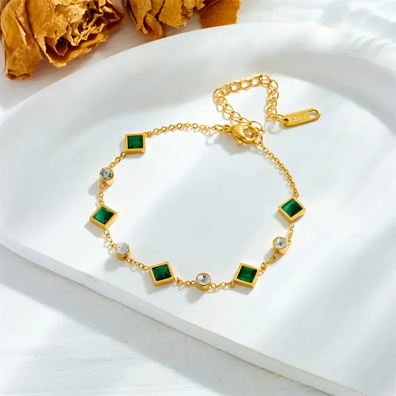 Gold Bracelet with Green and White Crystals - Ravenne