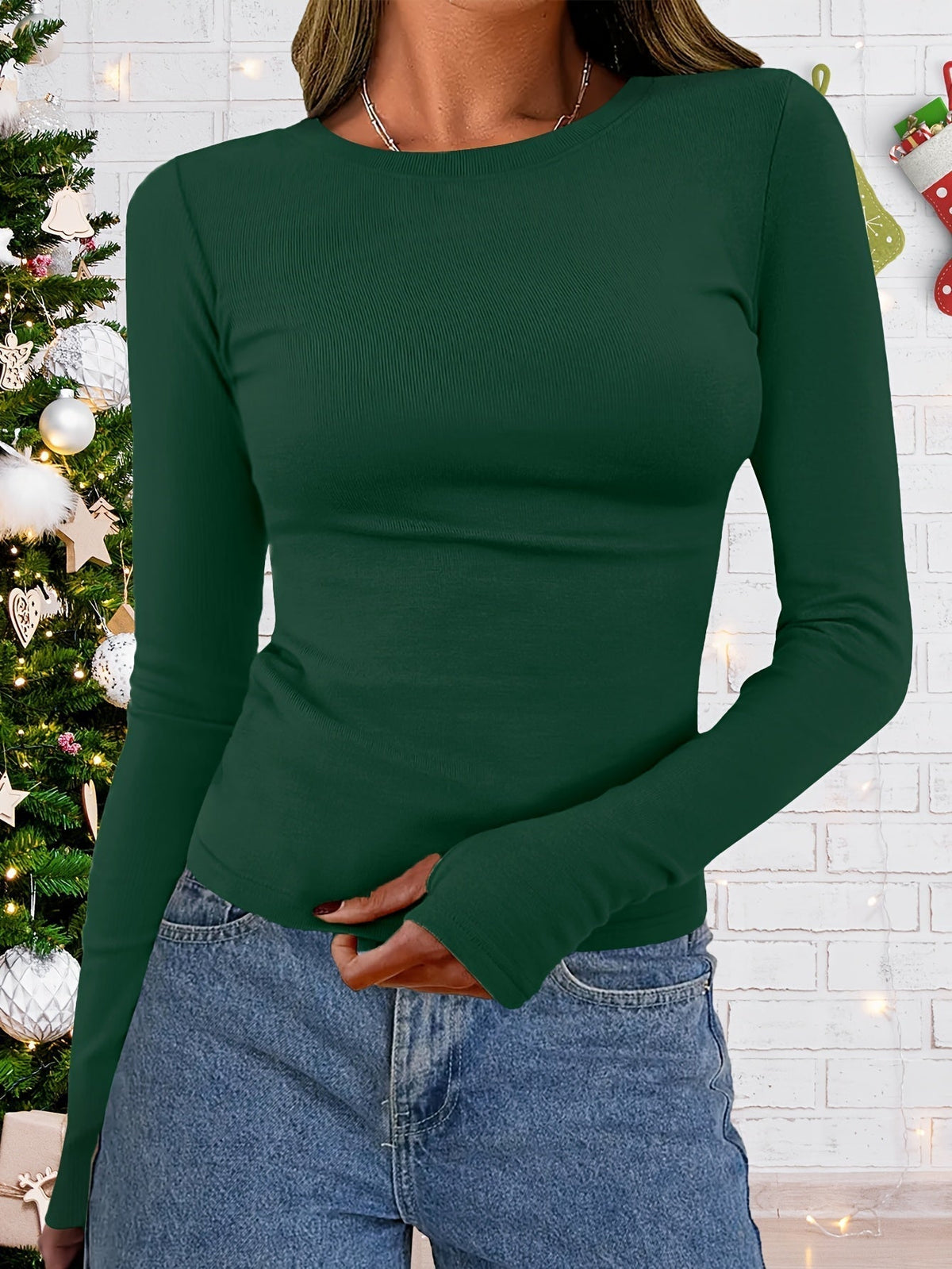 Women’s Fitted Long-Sleeved Crew Neck Top – Soft Stretch Fabric for Everyday Wear and Autumn Layering