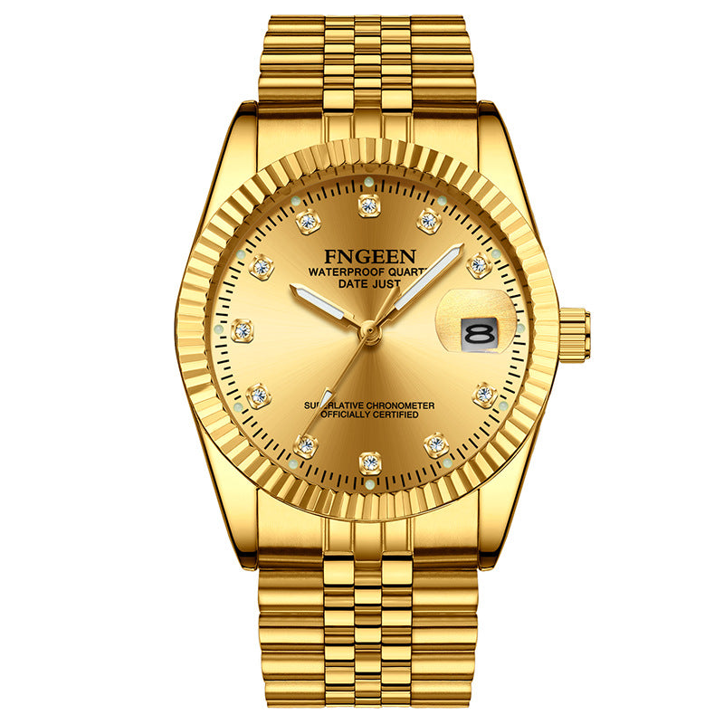 Men's Stainless Steel Watch with Gold Fluted Bezel, Date Window and Classic Crystal-Marker Dial