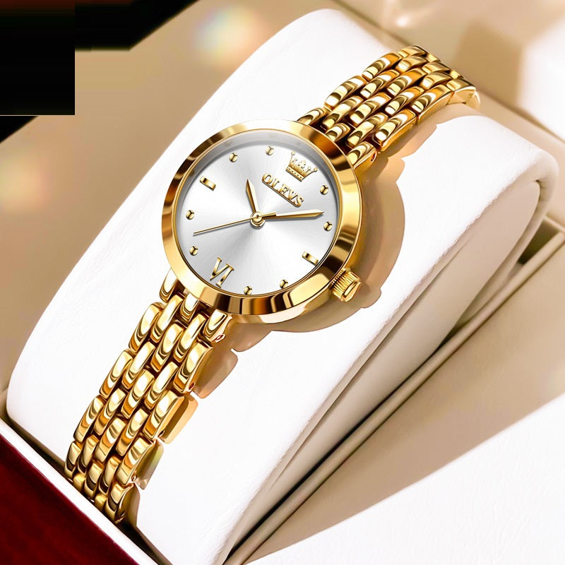 Women's Elegant White Dial Watch with Matte Metal Case, Bracelet and Roman Numerals