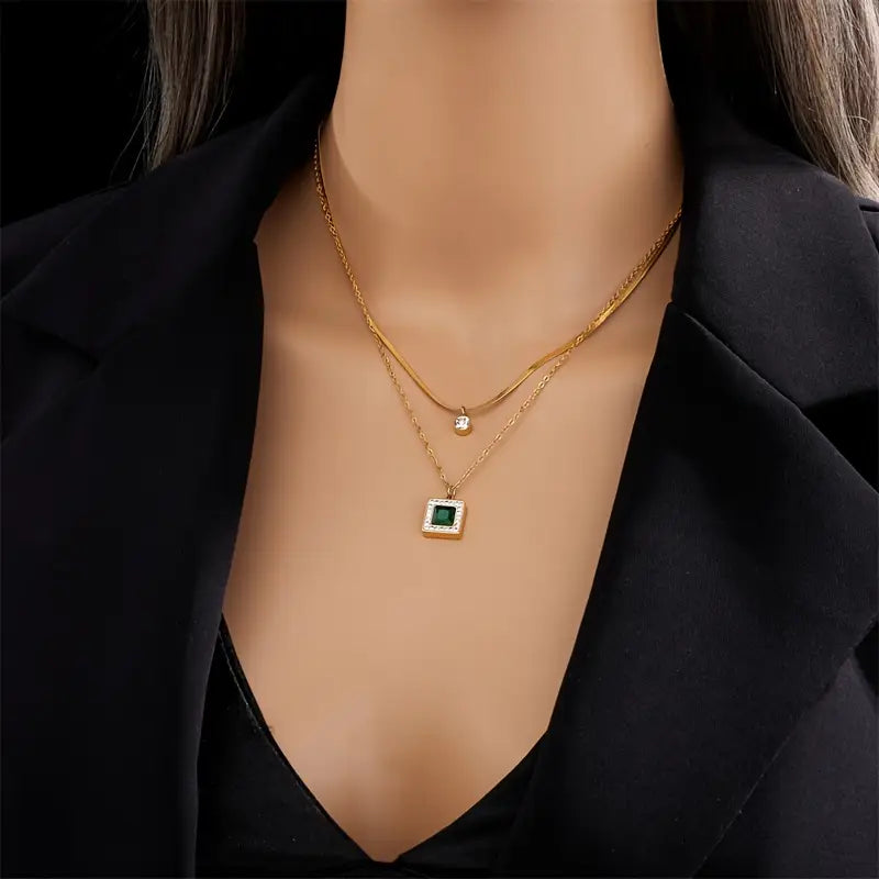 Althea Gold-Plated Double Necklace with Green Crystal Pendants