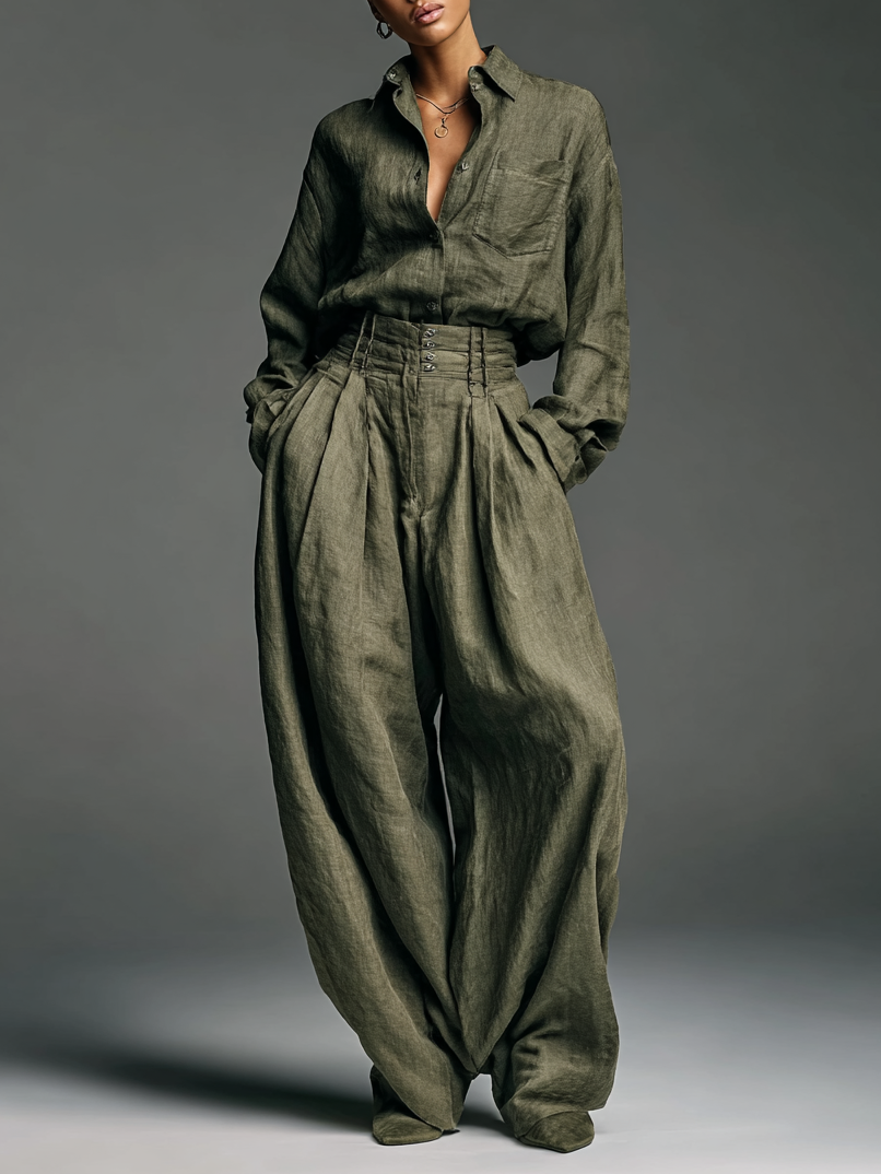 Women's Fashion Cotton And Linen Blended Long Sleeve Shirt Wide-Leg Trousers Two-Piece Set