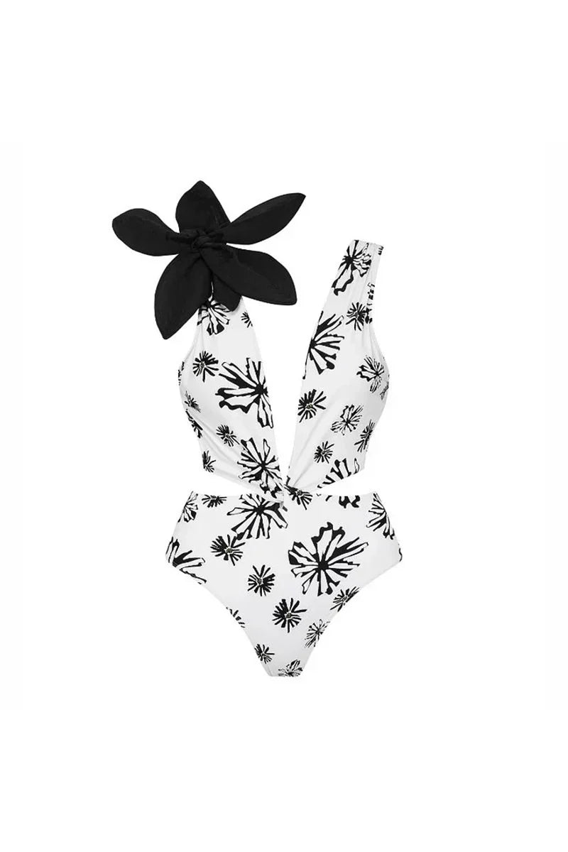 Flower Applique Patterned White One-Piece Swimwear