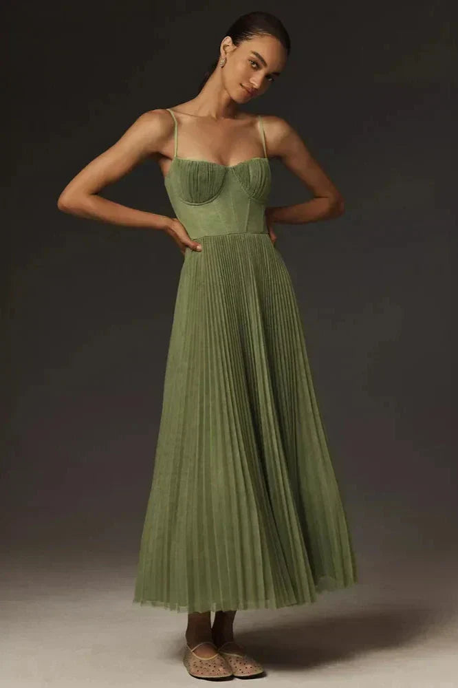 Bustier Pleated Tulle Fit & Flare Midi-Length Dress