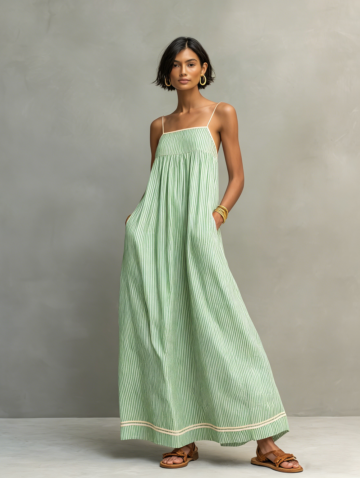 Women's Minimalist Sleeveless Backless Striped Maxi Dress With Red Trim And Spaghetti Straps
