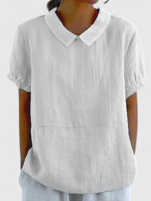 Women's Relaxed Short Sleeve Blouse – Casual Collared Pullover Top with Textured Fabric for Spring and Summer