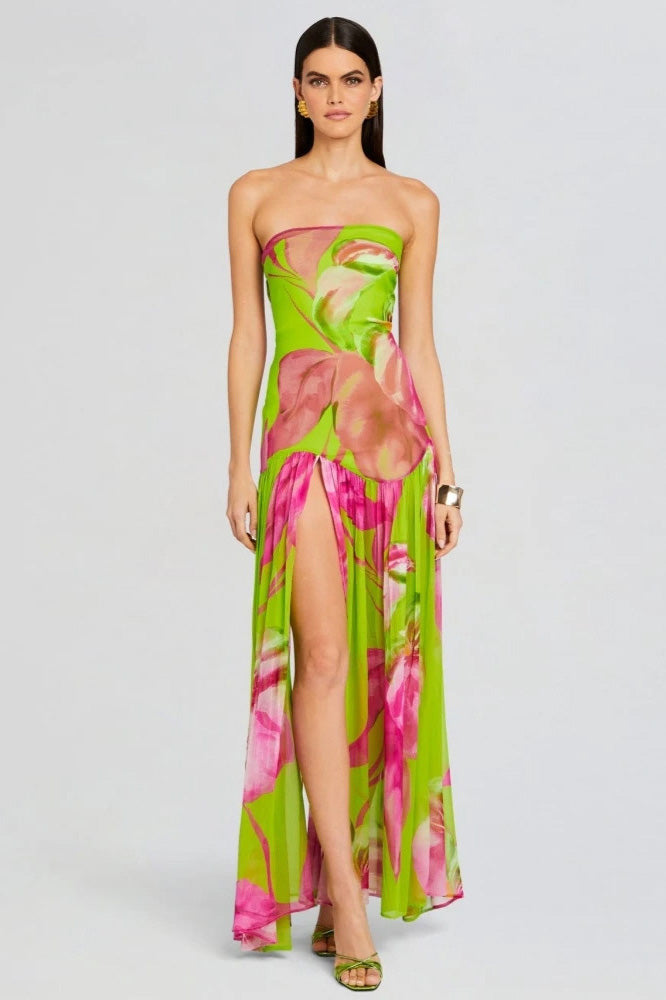 Pam Patterned Strapless Slit Maxi-Length Dress