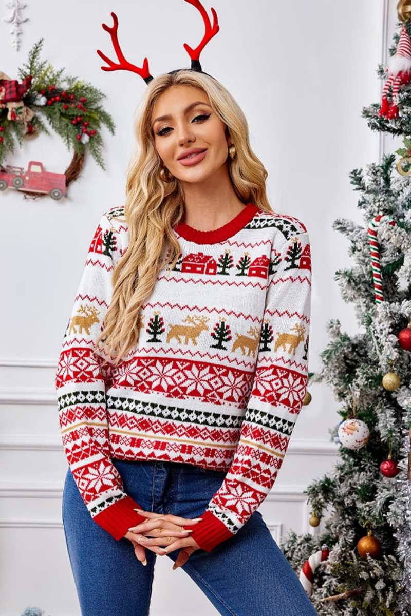 Christmas Crew Neck Embroidered Knit Sweater