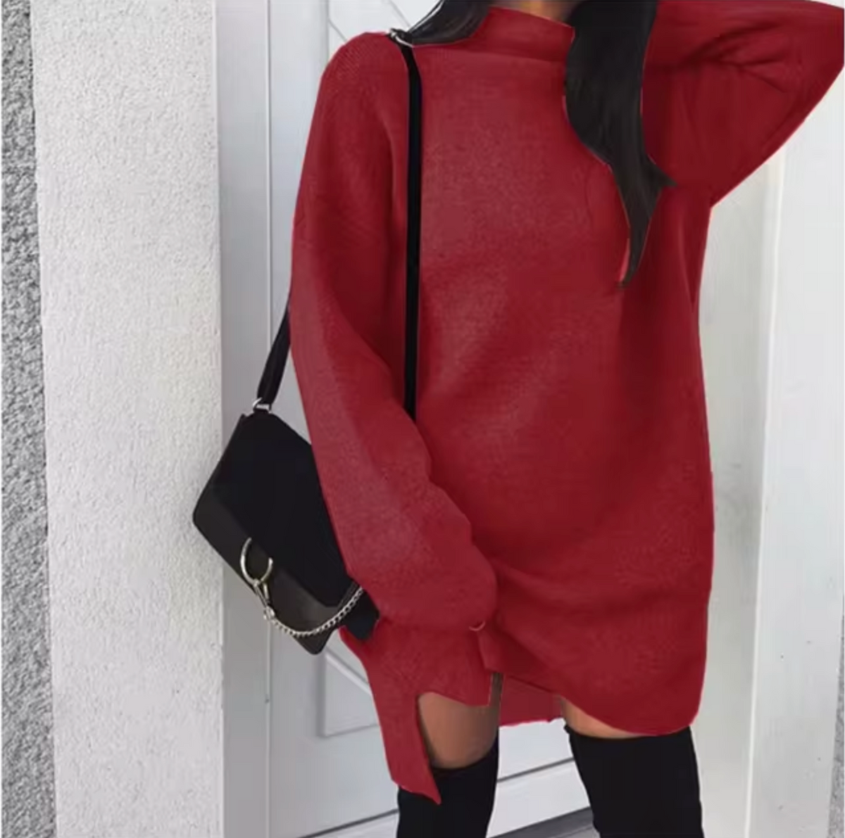 Women's Wool and Cashmere Blend Oversized Sweater Dress – Soft Long Sleeve High Neck Knitted Mini Dress for Autumn and Winter