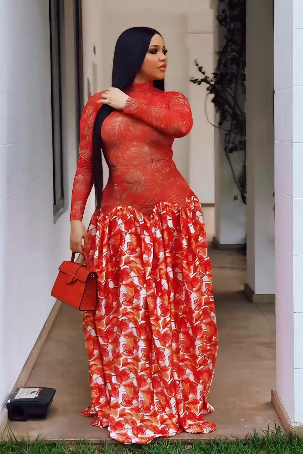 Vibrant Red Sheer Flower Maxi-Length Dress