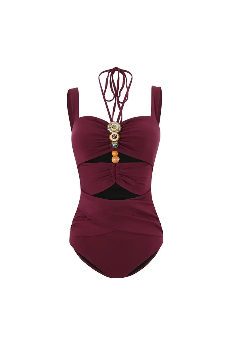 Burgundy Boho Beaded Cut-Out Swimwear Set