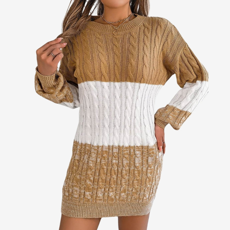 Women's Textured Cable Knit Mini Dress – Relaxed Long Sleeve Crew Neck Sweater Dress for Autumn and Winter