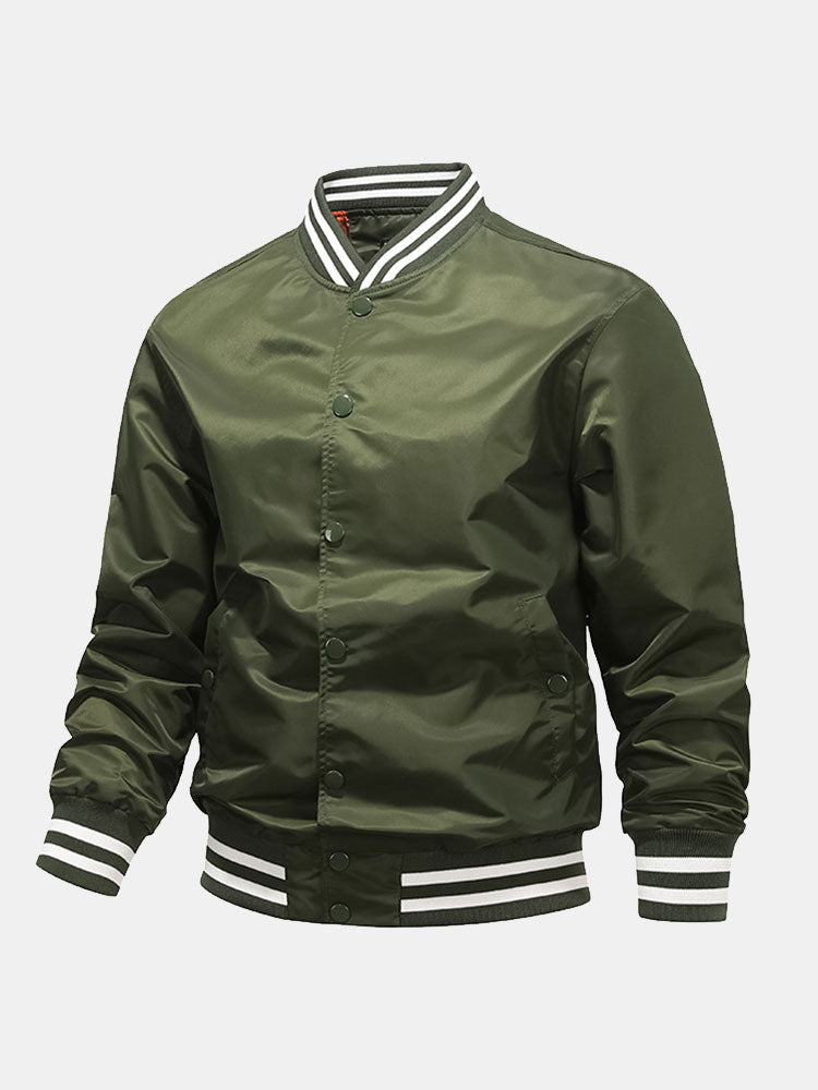 Men's Classic Baseball Bomber Jacket – Snap-Button Varsity Style Outerwear with Striped Ribbed Trims for Casual Spring and Autumn Wear