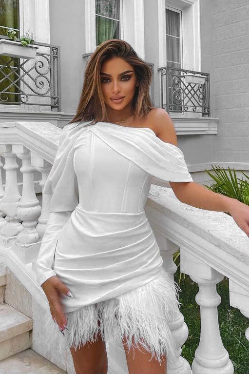 French One Shoulder Feather Mini-Length Dress