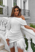 French One Shoulder Feather Mini-Length Dress