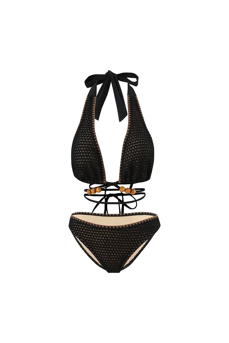 Beaded Knit Tie-String Black Two-Piece Bikini