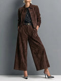 Dark Brown Faux-suede Jacket And Wide-leg Trousers Set
