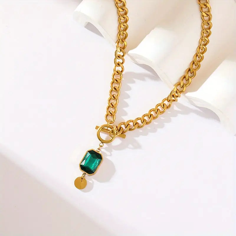 Althea Gold Chain Necklace with Green Crystal Pendant